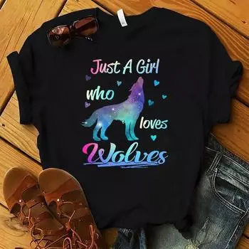 Женская футболка с принтом «Just A Girl Love Wolves», свободная женская футболка с коротким рукавом и круглым вырезом, женская футболка, топы, Camisetas Mujer S