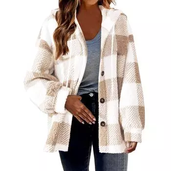 Женская клетчатая куртка с капюшоном на пуговицах, плюшевое пальто L бежевый