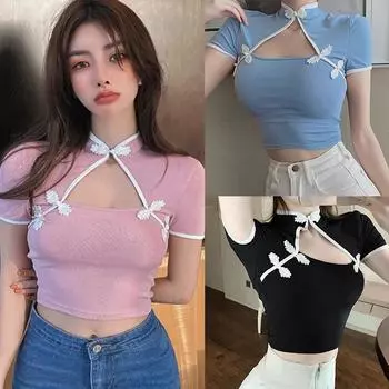 Женская контрастная цветная сексуальная футболка с коротким рукавом Cheongsam L