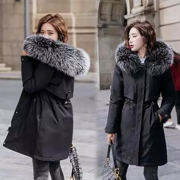 Женская куртка Parker Coat средней длины с капюшоном и меховым воротником M-6XL M хаки