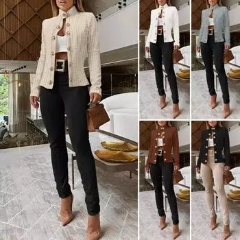 Женская куртка Slim Fit с воротником-стойкой, длинными рукавами, металлическими пуговицами, жаккардовая верхняя одежда чистого цвета, однотонное пальто для поездок на работу и свиданий S абрикосовый