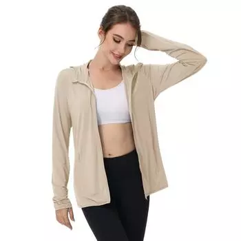 Женская куртка UPF Sun Shirts с капюшоном на молнии с УФ-защитой и длинным рукавом, летняя, из ледяного шелка, для активного отдыха с карманами L бежевый
