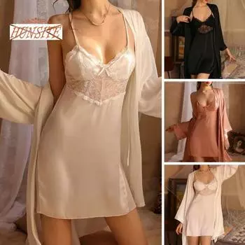 Женская летняя ночная рубашка, французская сексуальная элегантная прозрачная кружевная строчка, дышащий декор с бантом, однотонное атласное пижамное платье на бретельках