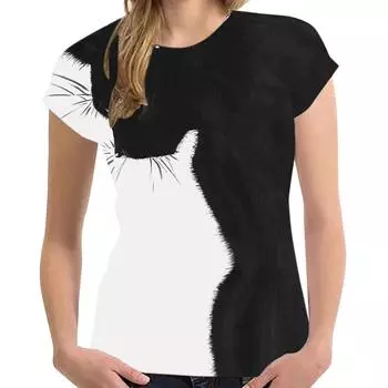 Женская мода 3D Cat Print Повседневная футболка Летние футболки с коротким рукавом XXXL чёрный