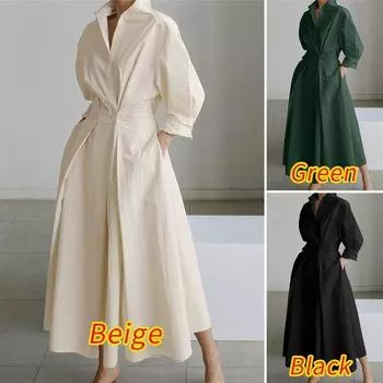 Женская мода повседневное свободное платье с длинным рукавом с высокой талией повседневное длинное платье-рубашка