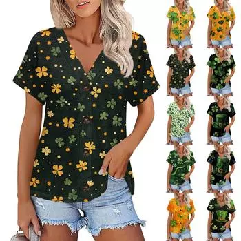 Женская мода с коротким рукавом и V-образным вырезом St. Футболка с принтом Patrick Top Casual на пуговицах M зелёный