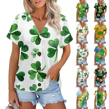 Женская мода с коротким рукавом и V-образным вырезом St. Футболка с принтом Patrick Top Casual на пуговицах XXL