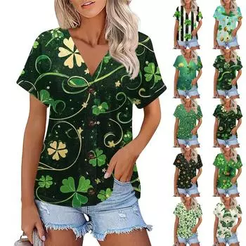 Женская мода с коротким рукавом и V-образным вырезом St. Футболка с принтом Patrick Top Casual на пуговицах XXXL