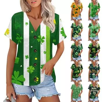 Женская мода с коротким рукавом и V-образным вырезом St. Футболка с принтом Patrick Top Casual на пуговицах XXL