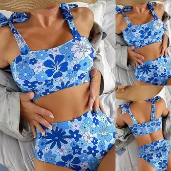 Женская мода сексуальный купальник из двух частей с принтом купальник бикини с открытой спиной L синий