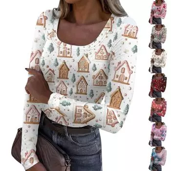 Женская мода Slim Bottom Casual с длинным рукавом и рождественским принтом пуловер с U-образным вырезом M