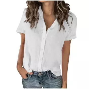 Женская модная однотонная рубашка из хлопка и льна в стиле casual с короткими рукавами S винный