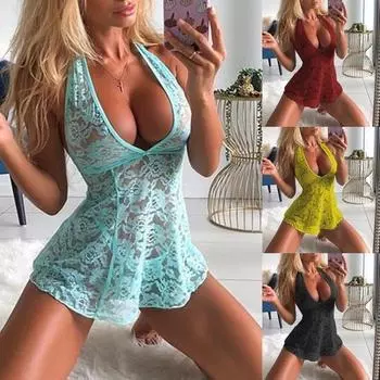 Женская модная перспективная кружевная ночная рубашка, женская сексуальная одежда для сна с открытой спиной, мини-платье с глубоким V-образным вырезом и трусики, комплект из двух предметов, мягкая домашняя одежда M чёрный