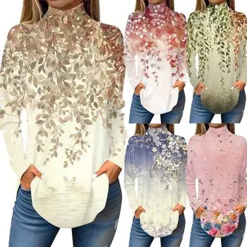 Женская модная повседневная футболка с длинным рукавом с высоким воротом и принтом, пуловер, топ L армия зеленый