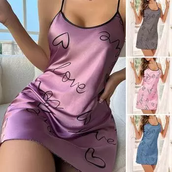 Женская ночная рубашка с v-образным вырезом и открытой спиной, без рукавов, с тепловым принтом, шелковистая атласная, регулируемая, на тонких бретельках, ультракороткая ночная рубашка с перекрестной спинкой