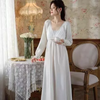 Женская ночная рубашка в стиле ретро Palace Lace, хлопок, с длинными рукавами, V-образной завязкой, накладкой на грудь, подходит для ношения на открытом воздухе, домашняя одежда весна/осень Large