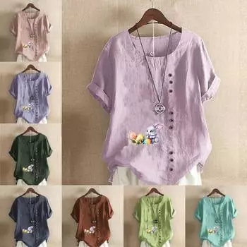 Женская новая модная льняная рубашка с круглым вырезом и коротким рукавом с принтом кролика, летняя женская повседневная блузка больших размеров, топы S розовый