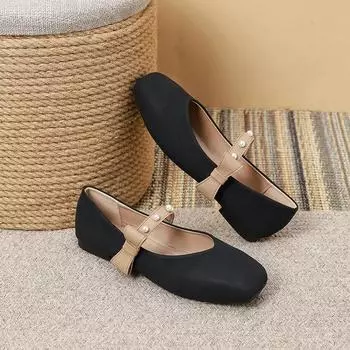 Женская обувь Butterfly Knot Single Shoes French Mary Jane Pearl Soft Bottom Outdoor Matching Skirt Fashion Flat Shoes 2025 35 чёрный