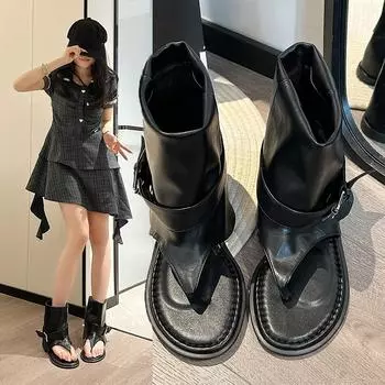Женская обувь Clip Toe Cool Женские ботинки 2025 Летние новые шлепанцы для путешествий Плоский каблук Римские ботинки Сандалии 35 чёрный