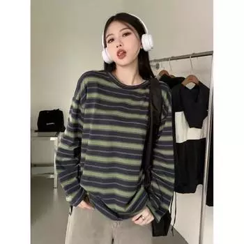 Женская полосатая футболка Harajuku, большие размеры, корейские модные топы Y2k, эстетические футболки с длинными рукавами, повседневная футболка в стиле хиппи S зелёный