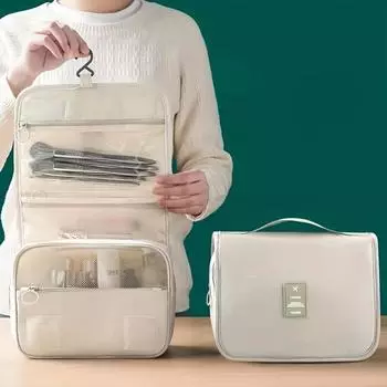 Женская портативная косметичка большой емкости с крючком из твила, косметичка однотонная водонепроницаемая сумка для хранения для путешествий, пляжа, отдыха на природе