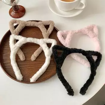 Женская повязка на голову с кошачьими ушками, шерстяная бархатная повязка для волос, головной убор для девочек, плюшевый обруч для мытья волос, аксессуары для волос, осень и зима белый