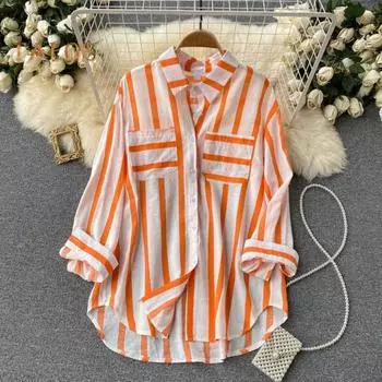 Женская повседневная рубашка с лацканами и длинным рукавом, рубашка в вертикальную полоску, однобортная рубашка свободного покроя, топы, уличная одежда L оранжевый