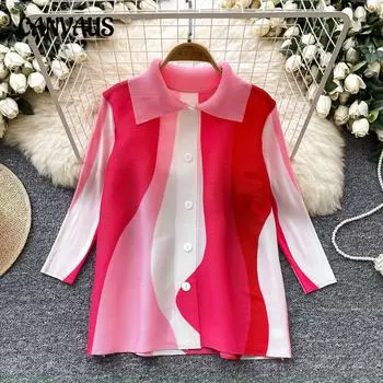 Женская рубашка больших размеров Senior Sense Color Contrast Lapel с длинным рукавом, свободная, утягивающая, однобортная, эластичная, плиссированная One size розы красного