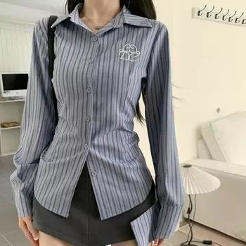Женская синяя полосатая рубашка, облегающая талия, женская блузка, весенне-осенний повседневный универсальный однобортный кардиган, топ S