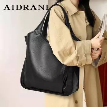 Женская сумка через плечо Aidrani из натуральной кожи, вместительная модная сумка-тоут, минималистичный дизайн, сумка из коровьей кожи Large чёрный