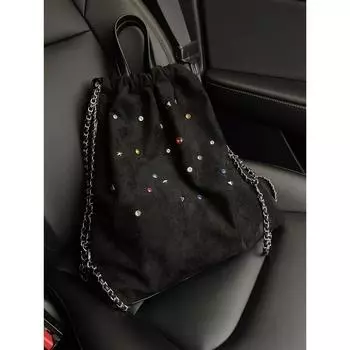 Женская сумка Niche design из матового флиса с цветными драгоценными камнями, рюкзак с цепочкой и затягивающимся шнурком, портативный рюкзак чёрный