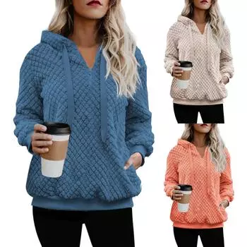 Женская свободная толстовка с капюшоном Fuzzy Double Fleece Sweatshirts Plaid Upperwear L синий