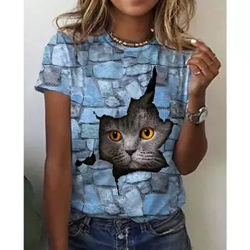 Женская верхняя летняя футболка с 3D принтом кота, свободные футболки с короткими рукавами и круглым вырезом S
