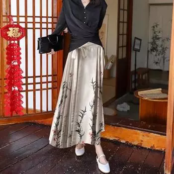 Женская винтажная элегантная плиссированная юбка Hanfu с высокой талией и цветочным принтом птицы на шнуровке чёрный