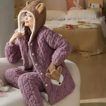 Женская зимняя утолщенная флисовая подкладка, утолщенная коралловая бархатная пижама, фланелевая домашняя одежда, пижама с квадратным вырезом, пижама M