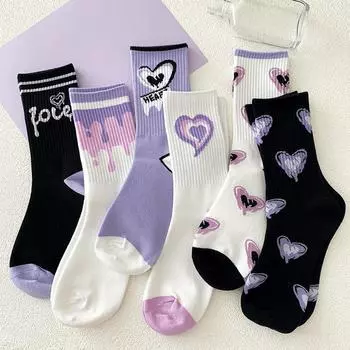 Женские белые носки, милые хлопковые носки с сердечками, Kawaii, консервативный корейский стиль, аниме, фиолетовые женские носки, комплект из 5 пар One Size