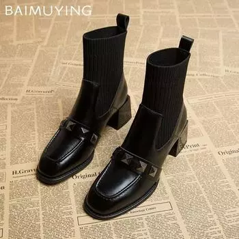 Женские ботильоны Kintting Sock Boots High Heels Shoes Women Winter Square Toe Fashion Chelsea Short Botas De Mujer 35
