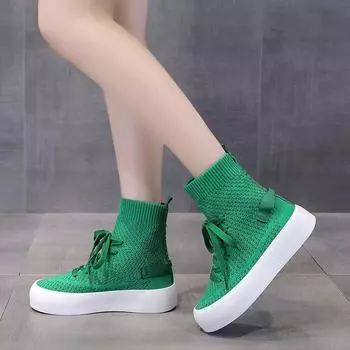 Женские ботинки Белые туфли на платформе для женщин Botas Femininas Носки Ботильоны на шнуровке Туфли на плоской подошве Женские дышащие Botines Mujer 35 чёрный