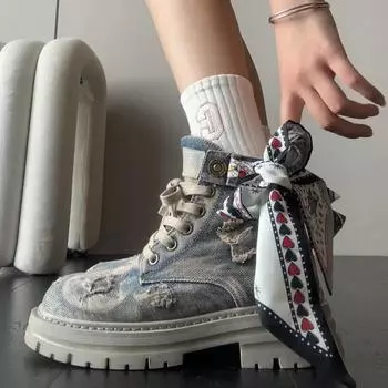 Женские ботинки Cowboy Ribbon Ankle Boots Platform Shunky на шнуровке New Motorcycle Boots Winter Fashion New Trend Walking Zapatos Mujer 35