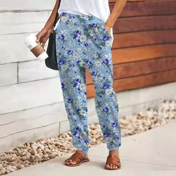 Женские брюки с принтом 3D Blue and Beautiful Rose, свободные брюки со шнуровкой и эластичным поясом, повседневные длинные брюки с карманами XS синий