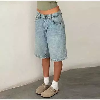 Женские джинсовые шорты Y2k Aesthetic, винтажные, с низкой талией, широкие, мешковатые, с карманами, ретро, свободный крой, короткие брюки, лето 2025 г. S светло-синий