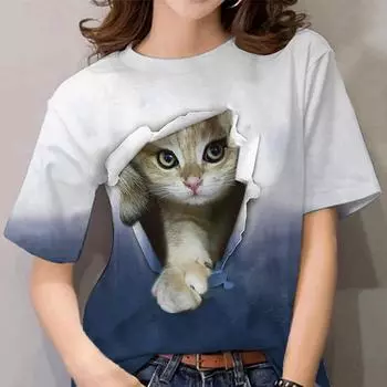 Женские футболки для девочек, футболка с 3D принтом кота, летняя модная повседневная уличная футболка с короткими рукавами, футболки, женская одежда 3XL
