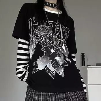 Женские футболки Harajuku, рубашки для женщин, японские футболки Ropa Mujer, лоскутная полосатая повседневная футболка в стиле панк Y2k, топы большого размера S чёрный