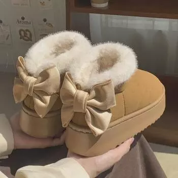 Женские хлопковые сапоги с бантом на каблуке: Теплый, стильный и универсальный для зимы 38-39 (fits 37-38)