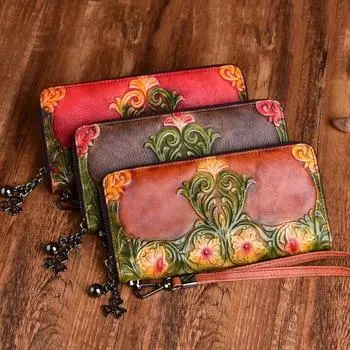 Женские кошельки из натуральной кожи, винтажные сумки с цветочным тиснением, женский кошелек с держателем для карт