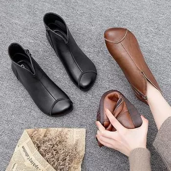 Женские кожаные ботинки в винтажном стиле, плоские ботинки из мягкой коровьей кожи, женские ботинки с молнией спереди, ботильоны zapatos mujer, женские ботинки 35 чёрный