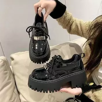 Женские кожаные туфли на платформе в британском стиле 2024 года, модные черные туфли на толстом каблуке, туфли Мэри Джейн в стиле ретро на шнуровке 35 чёрный