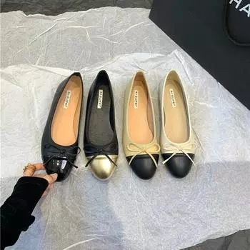 Женские кожаные туфли на плоской подошве, модные повседневные балетки с круглым носком и бантом, мягкие мокасины черного цвета с бежевым, туфли в стиле Лолиты 35 чёрный