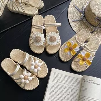 Женские летние пляжные шлепанцы с ромашками, сандалии на плоской подошве, праздничные пляжные тапочки 36-37