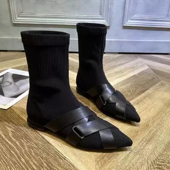 Женские модные одинарные ботинки на низком каблуке, осенние, новые, с острым носком, из эластичной ткани, дышащие и удобные, ботильоны 34 чёрный